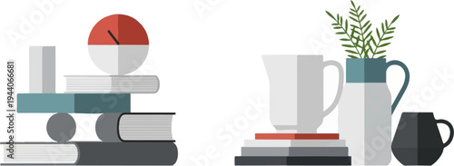 Stylized illustration of stacked books, a clock, and a vase with greenery