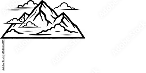 Black and white outline illustration of mountain peaks and clouds in a triangular shape