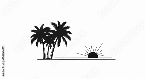 Black silhouette of palm trees and a rising sun on a white background
