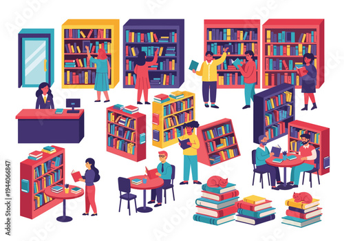 Diverse people enjoying reading and browsing books in a vibrant library setting