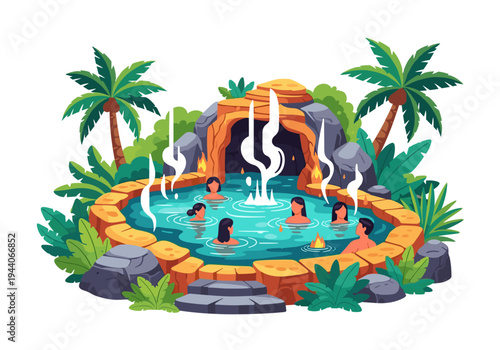 People relaxing in a tropical hot spring surrounded by lush greenery and palm trees