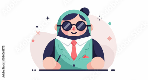 Cartoon character in suit with glasses, writing with a pen