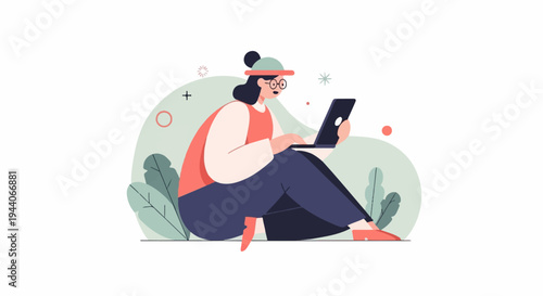 A person sits and works on a laptop surrounded by nature