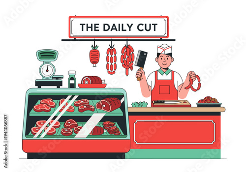 Friendly butcher in a red apron holding sausages and a cleaver at his shop