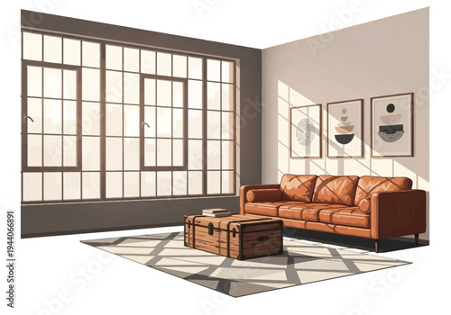 Stylish modern living room with leather sofa, large industrial windows, and minimalist art prints, bathed in warm sunlight