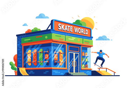 Skate shop exterior with a skateboarder performing a trick on a sunny day