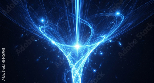 Abstract blue energy vortex with glowing particles and light streaks.