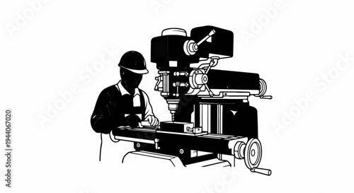 A worker in a hard hat operates a milling machine on a metal workpiece