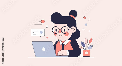 Animated character with glasses using a laptop and a potted plant