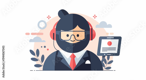Professional with headset and tablet, minimal abstract background