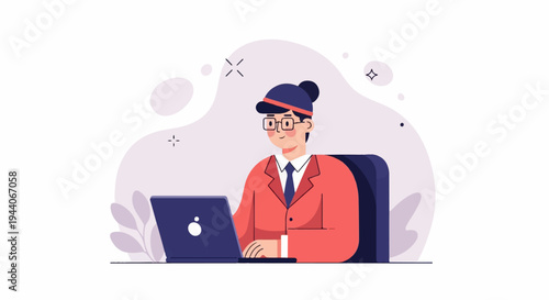 Animated person in suit jacket using a laptop on a desk