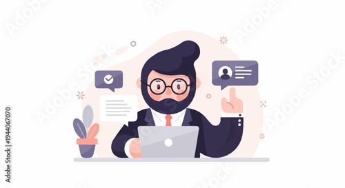 Animated man in suit working on laptop with communication bubbles