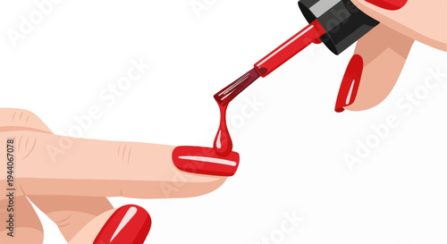 Applying vibrant red nail polish to a manicured fingernail, with another finger visible