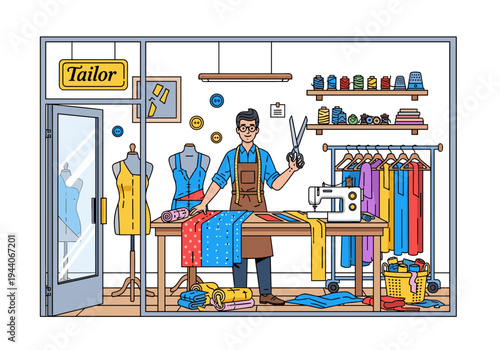 Tailor shop interior with a smiling tailor holding scissors and surrounded by fabrics and sewing supplies