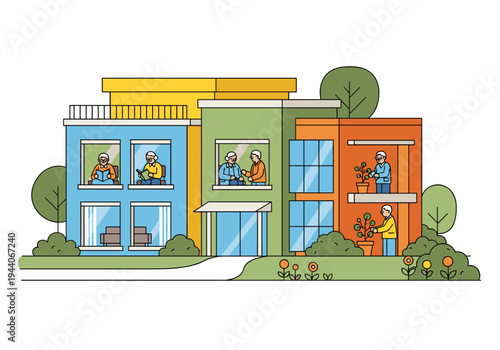 Elderly residents enjoying peaceful activities in their modern apartments and balconies