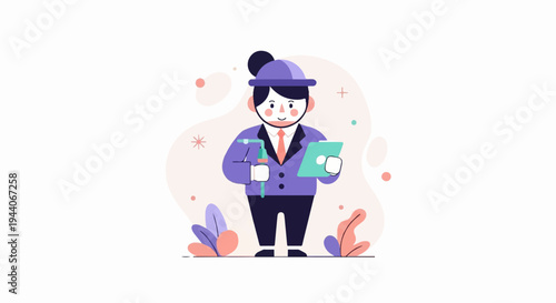 Cartoon professional in suit holding dental tool and tablet