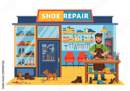 Shoe repair shop with craftsman working on footwear and dog playing