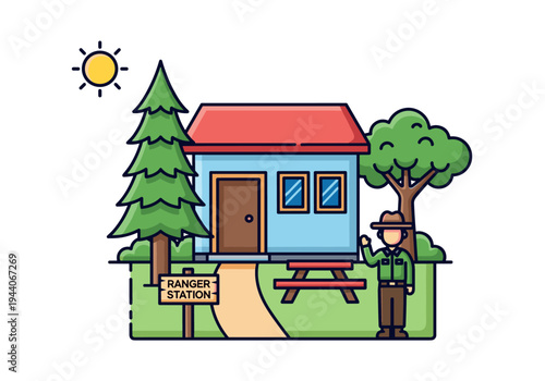 Cartoon ranger station with a park ranger waving hello on a sunny day