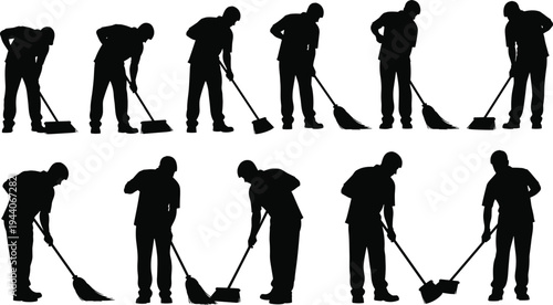 Silhouette illustration of people sweeping with brooms and dustpans, cleaning activity poses, manual work concept, household chores vector design collection