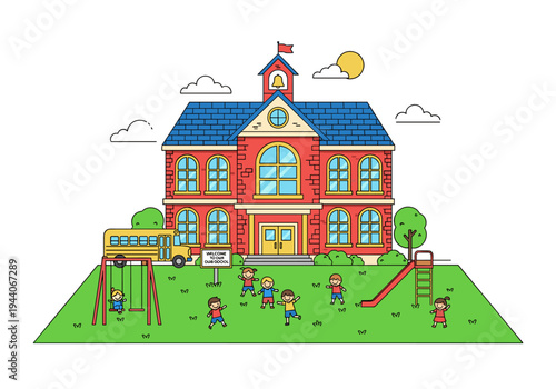 Cartoon school building with playground and children enjoying outdoor activities on a sunny day