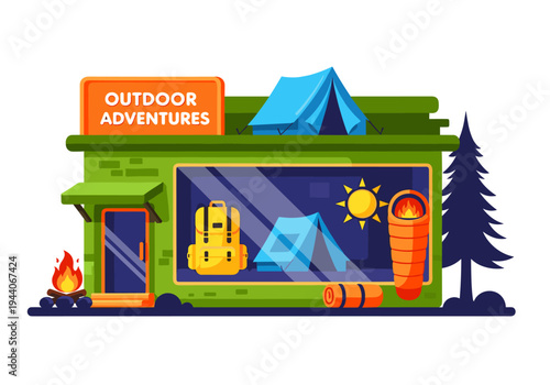 Outdoor adventures store with camping gear displayed in window and on roof