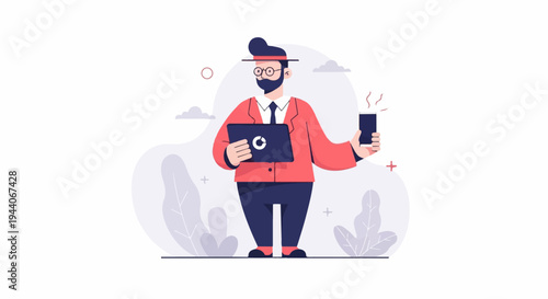 A man in a red jacket and blue pants holds a laptop and a hot beverage