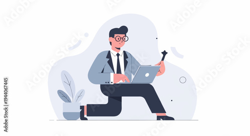 A man in a suit kneels while using a laptop, holding a small tool