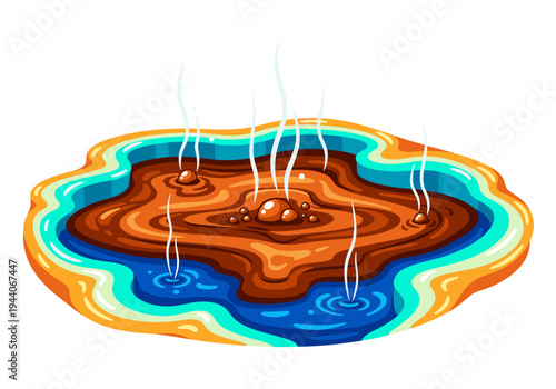 Colorful hot spring with steam rising from bubbling water and mineral deposits