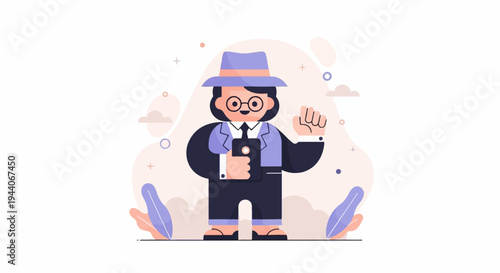Cartoon character in suit and hat, holding device, fist raised