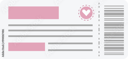 Romantic Pink Event Ticket Vector Template with Heart Icon and Barcode. It is perfect for Valentine's Day event passes, wedding invitations, date night vouchers, or gift coupons.