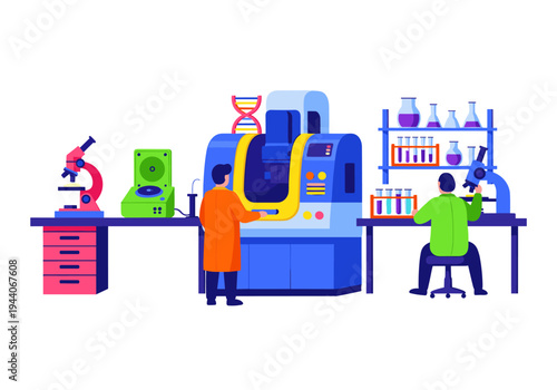 Scientists working in a modern laboratory with advanced equipment and DNA helix