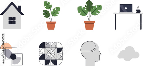 Collection of abstract flat icons home, plants, office desk, geometric art, brain, cloud