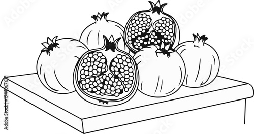 A still life drawing of a group of pomegranates on a table