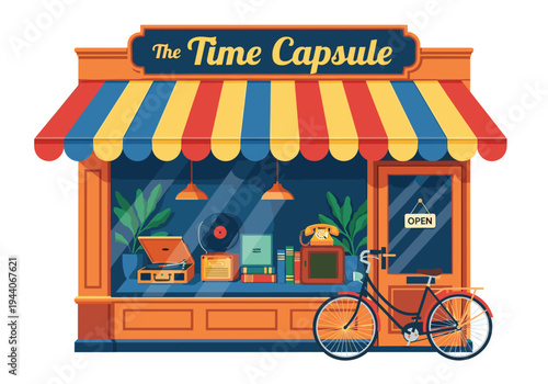 Retro storefront displays vintage electronics and bicycle, inviting nostalgia
