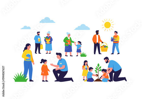 Diverse people engaged in community activities like shopping, gardening, and teaching children