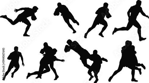 Silhouette illustration of rugby players in dynamic action poses, running with ball, tackling opponents, competitive sports teamwork concept, athletic game vector design