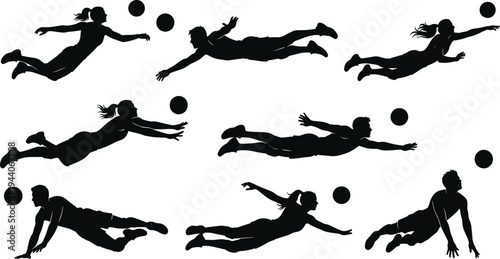 Silhouette illustration of volleyball players diving to save ball, dynamic athlete poses in action, sports teamwork concept, competitive game vector design