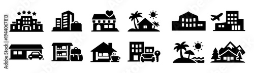 Hotel Types and Accommodation Icons Set – Luxury Hotel, Resort, Motel, Hostel, Bed and Breakfast, Apartment Hotel, Casino Hotel, Airport Hotel, Beach Resort, Mountain Lodge Silhouettes