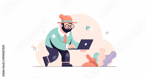 Bearded man in hat and glasses working on a laptop amidst plants