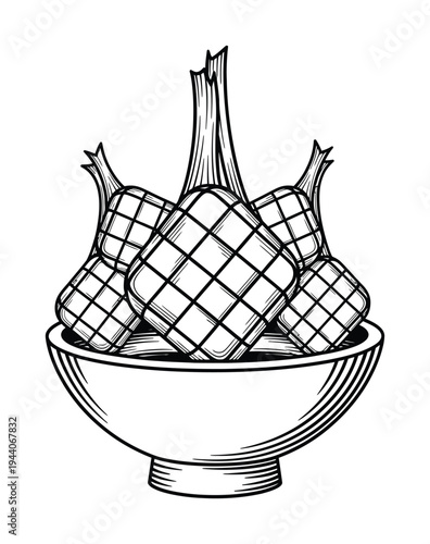 Vector of a traditional woven food item placed in a decorative round bowl with intricate patterns
