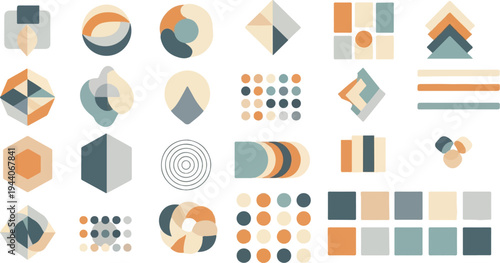 Diverse abstract geometric shapes and color palettes arranged in a grid
