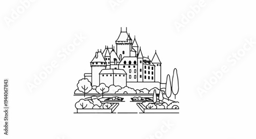 Elegant castle with manicured gardens and trees in a minimalist line art style