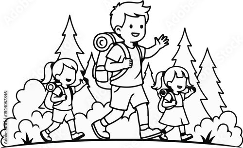 Father and two children hiking in the forest with backpacks