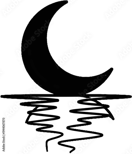 Black crescent moon reflected on choppy, dark water