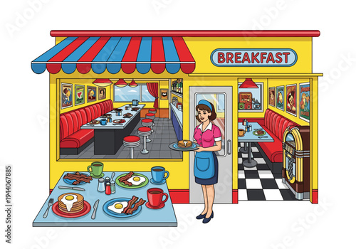 Retro American diner with waitress serving breakfast and classic interior design