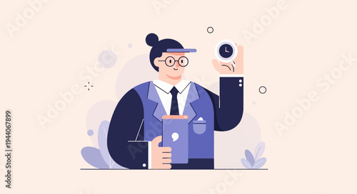 Business person holding watch and tablet, wearing suit