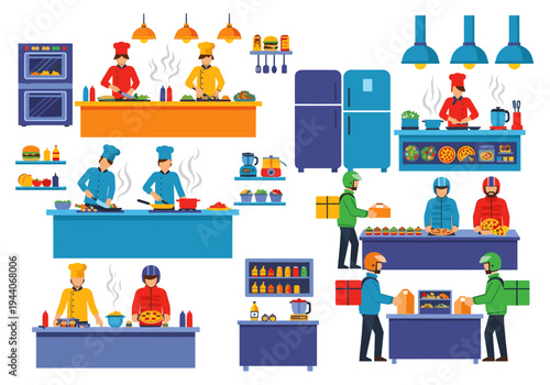 Busy restaurant kitchen and delivery service with chefs cooking and couriers picking up orders