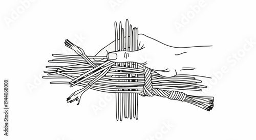 Hand weaving reeds or grasses to create a cross shape