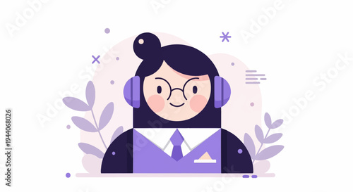 Cartoonish character with glasses and headphones, in professional attire