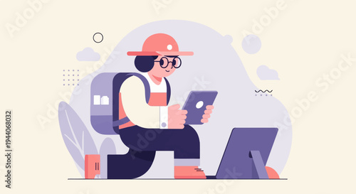 Character with backpack using a tablet next to a laptop